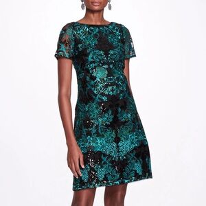 Marchesa Notte Black Turquoise Green Lace Short Sleeve Mini Cocktail Dress Sz 8